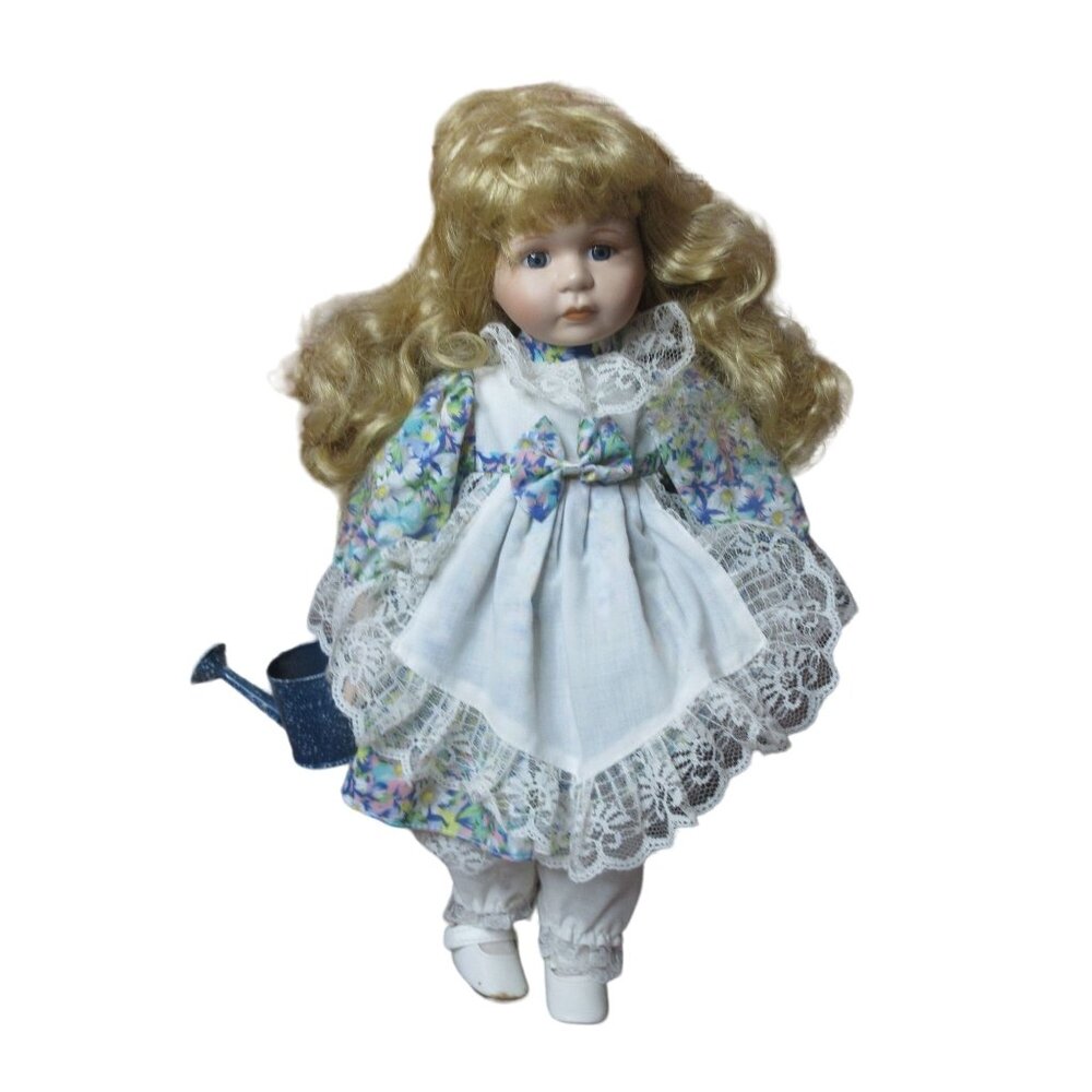 Victorian Blonde Hair Porcelain Doll - 16" Holding  Watering Can - ISC-017